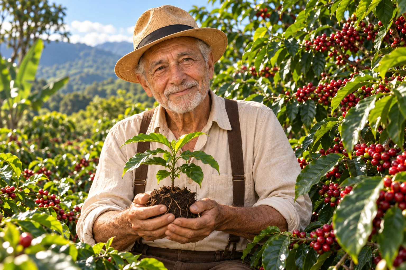 Don Ferno, con su sombrero de paja, sostiene una mata de café entre cafetos