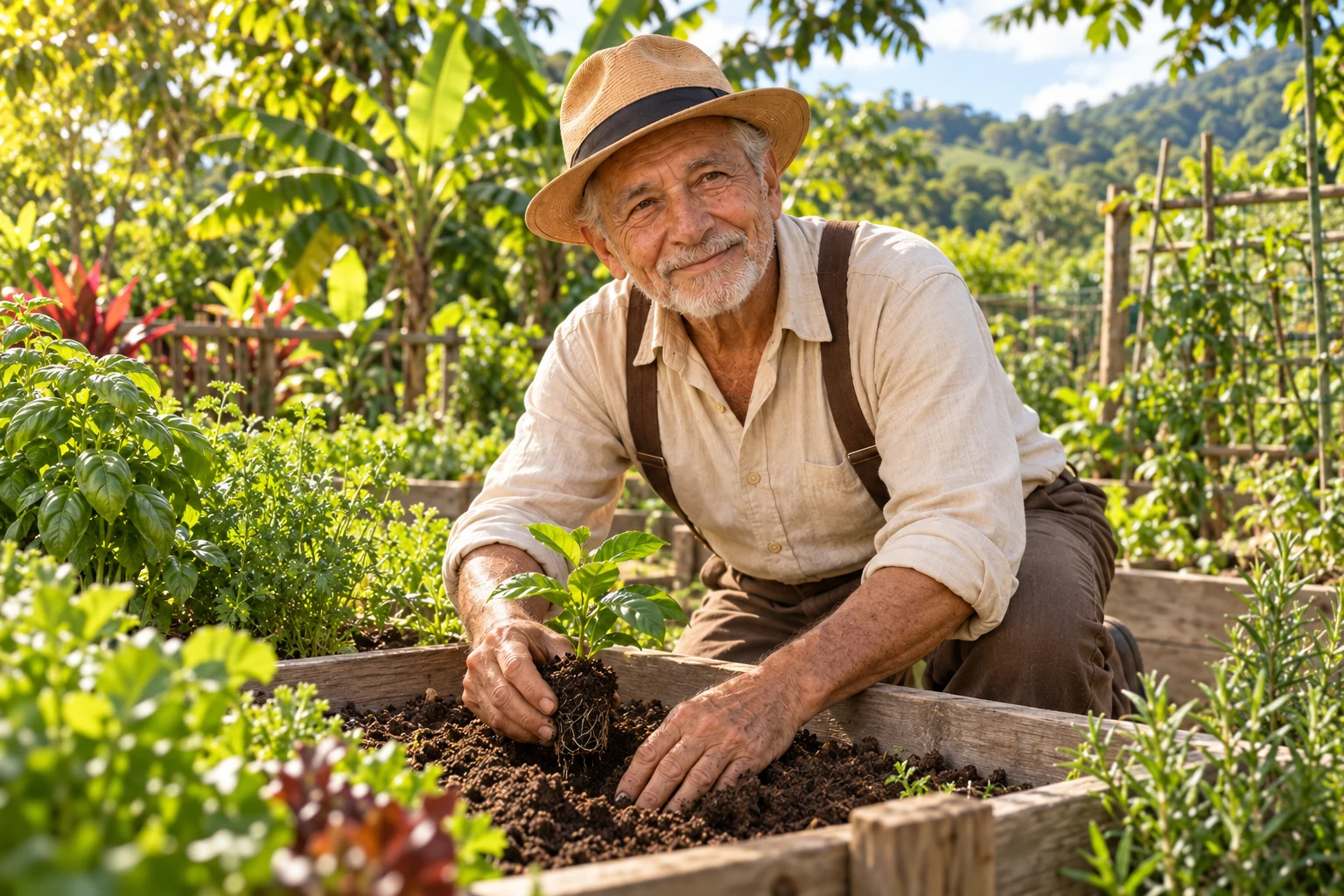 Don Ferno cultiva una planta en el huerto comunitario